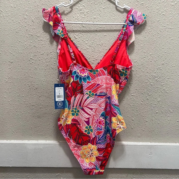 Caribbean Joe Coral/Red Floral Ruffle One Piece Swimsuit NWT 8 - Picture 7 of 9